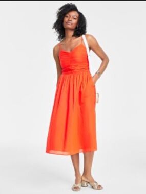 On 34th Vibrant Red Orange Ruched Corset Cotton Midi Dress 1X